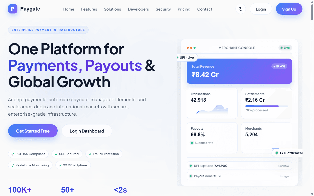 Paygate — UPI Payment Gateway & Merchant Management Platform desktop screenshot